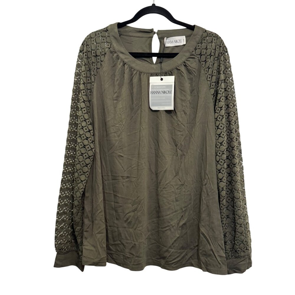 Hanna Nikole Long-Sleeve Crochet Sleeve Blouse Women Plus Size 24W Olive Green